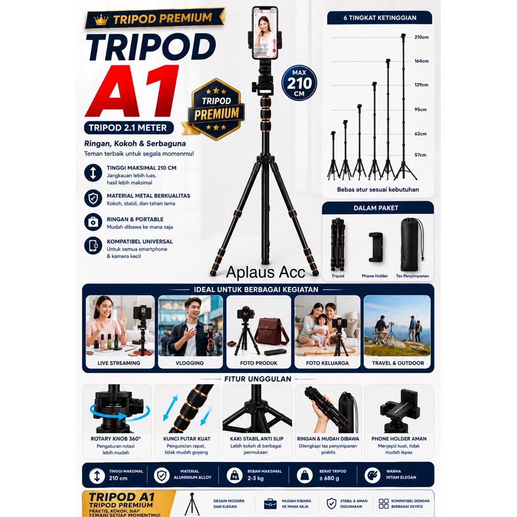 (GROSIRAN) Tripod Premium A1 Pro 210CM Multifungsi 2,1M | Selfie Stick + Tripod HP Kamera | Live Streaming Vlog Tiktok