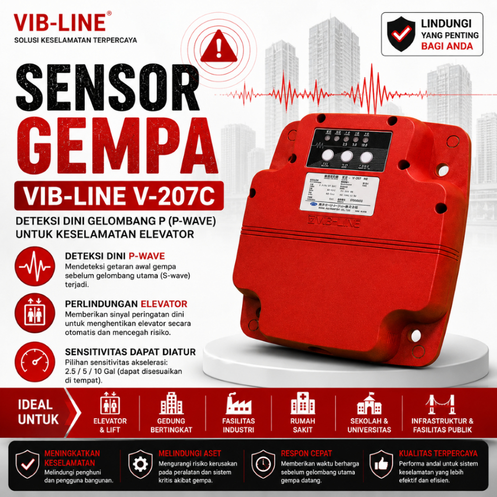 VIB-LINE V-207C Sensor Gempa Lift Elevator P-Wave Earthquake Detector Safety System
