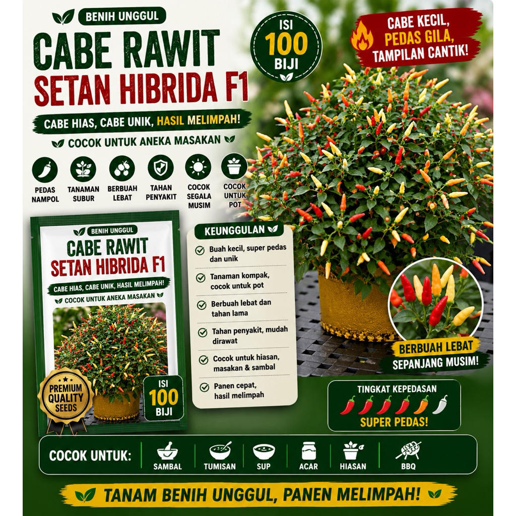Isi 100 Benih Biji - Benih cabe rawit setan hibrida F1 tanaman sayur cabe hias cabe unik. - Bibit Sa