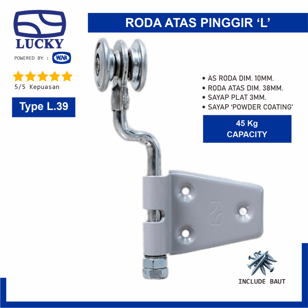 LUCKY L39 Roda Atas Pinggir L Engsel Rel Pintu Garasi Kayu Aluminium uPVC 100% Original