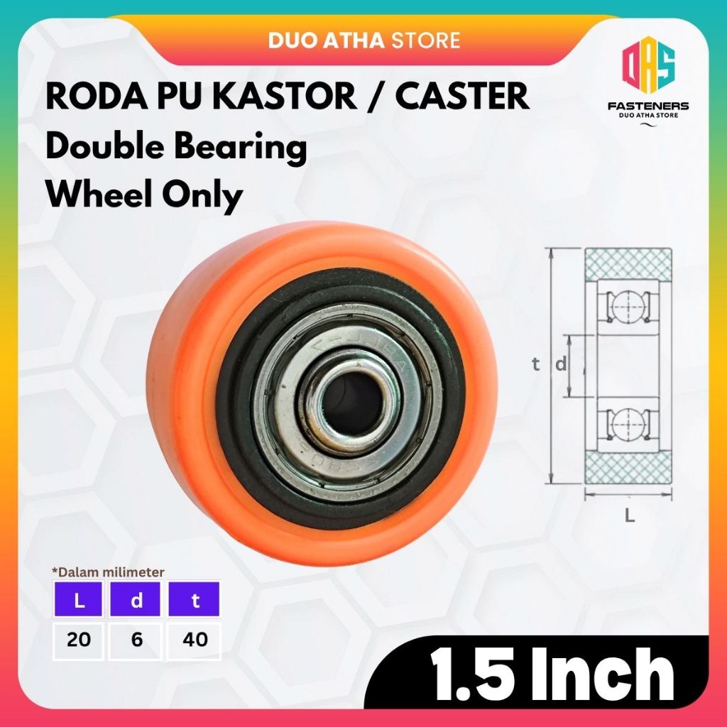 Roda PU 1.5 Inch / Wheel Only PU 1.5 Inch / Roda PU Double Bearing Heavy Duty