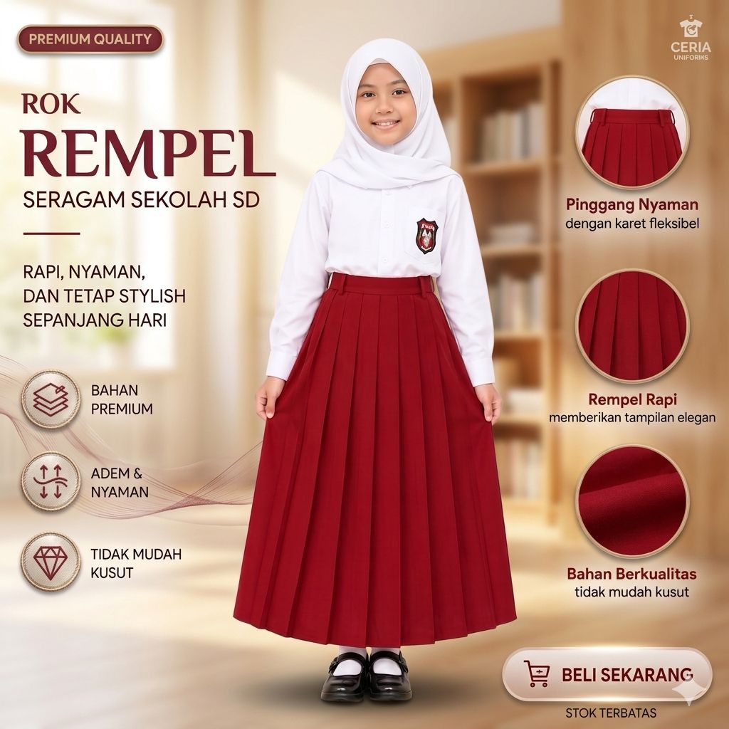 Rok Rempel Seragam SD Merah Bahan Nikita Drill Tebal