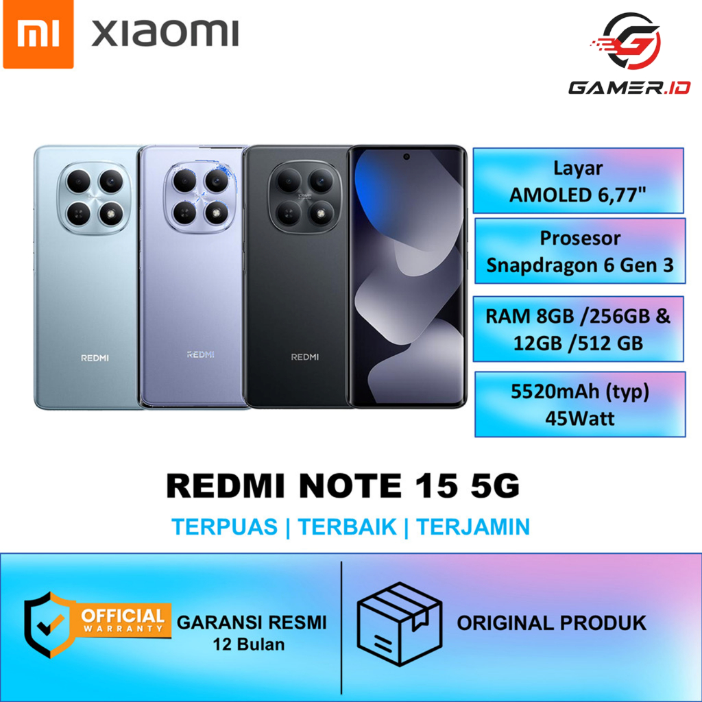 NEW REDMI NOTE 15 5G RAM 12 GB / 512 GB  Layar AMOLED 6,77" Prosesor Snapdragon 6 Gen 3 5520 mAh 45 