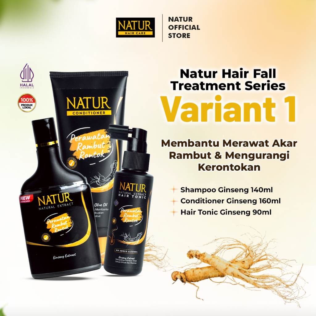 Natur Hair Fall Treatment - Paket Perawatan Haircare dengan Extract Ginseng dan Argan / Anti Hairfall (Anti Rambut Rontok) / Menguatkan serta memberi nutrisi / Vitamin Akar Rambut (Sampo, Hair Tonic, Conditioner) Shampoo & Conditioner