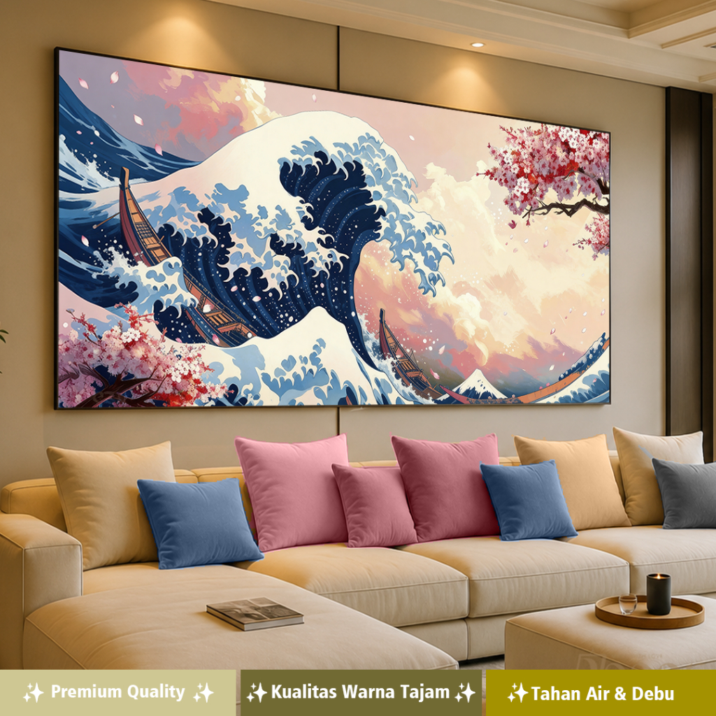 Hiasan Dinding Ruang Tamu Minimalis CANVAS INCLUDE FRAME - motif ombak kanagawa