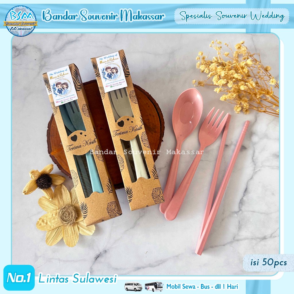 ( isi 50 pcs ) Souvenir Sendok Garpu Sumpit LOKAL Set Travel Kemas BOX RUSTIK Makassar Mamuju Manado