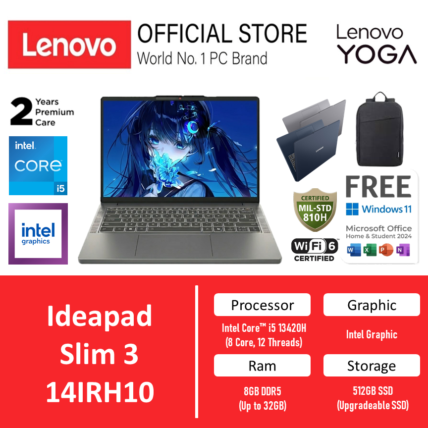 Lenovo Ideapad Slim 3i 14IRH10 Intel Core i5 13420H Ram 16GB Storage 512GB SSD Windows 11 + OFFICE 1