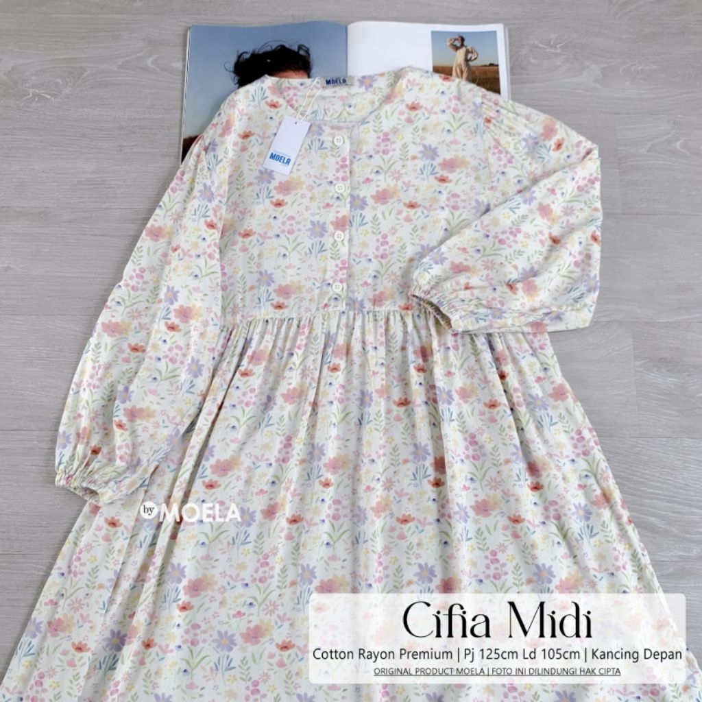 CIFIA MIDI DRESS COTTON RAYON PREMIUM MOTIF BUNGA ELEGAN KEKINIAN BY MOELA