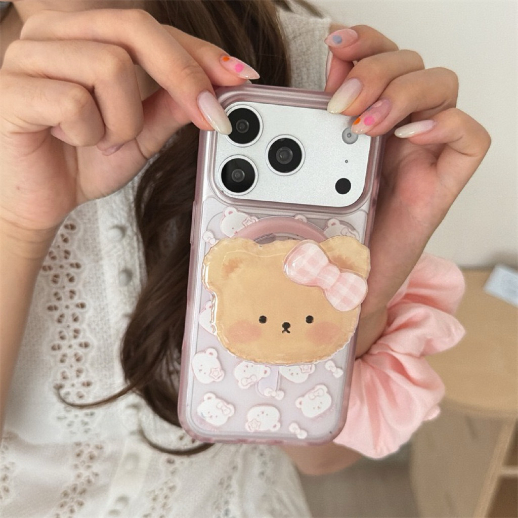 GLEAMSWEAR.ID | CUTE PINK BOW BEAR MAGSAFE POPSOCKET CASE IPHONE 13 14 15 16 17 PRO PROMAX