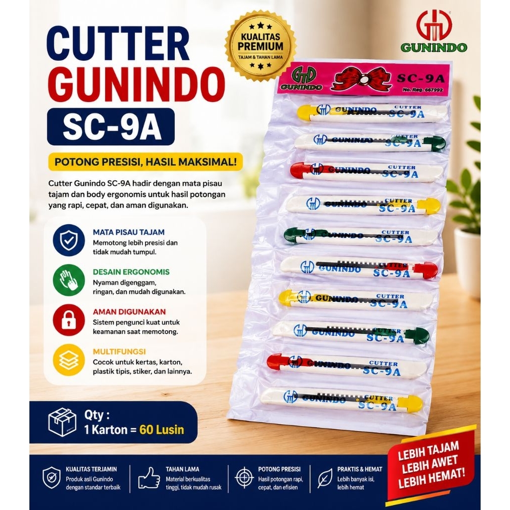 CUTTER GUNINDO A18 BESAR, CUTTER GUNINDO SC-9A KECIL, CUTTER PLASTIK, PISAU CUTTER