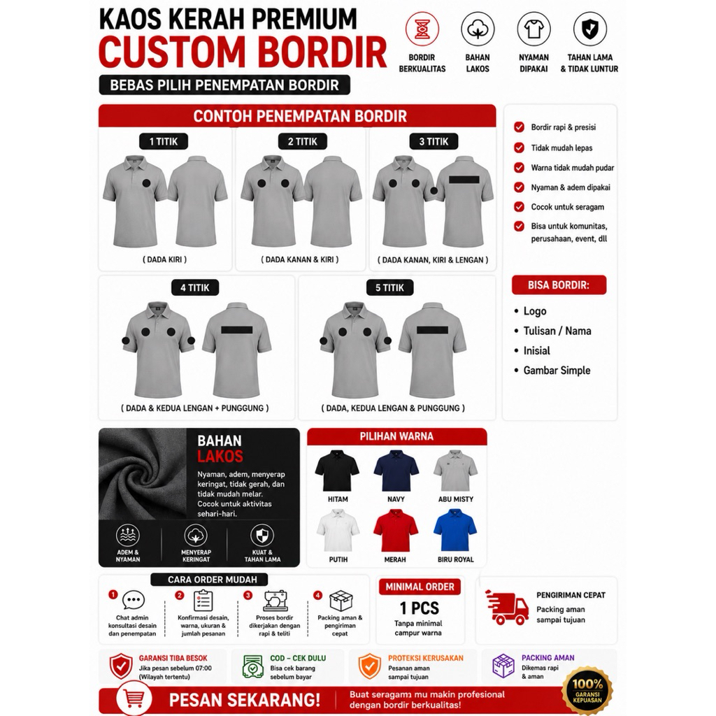 Bordir Custom Kaos Kerah / Bordir Custom Kaos Kerah Premium Custom Bordir Cotton Lakos| Seragam Satu