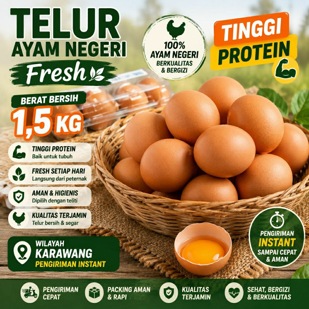 ( PENGIRIMAN INSTAN KARAWANG ) 1,5 KG TELUR AYAM NEGERI FRESH SEGAR BERSIH PROTEIN TINGGI KOSAMBI KL