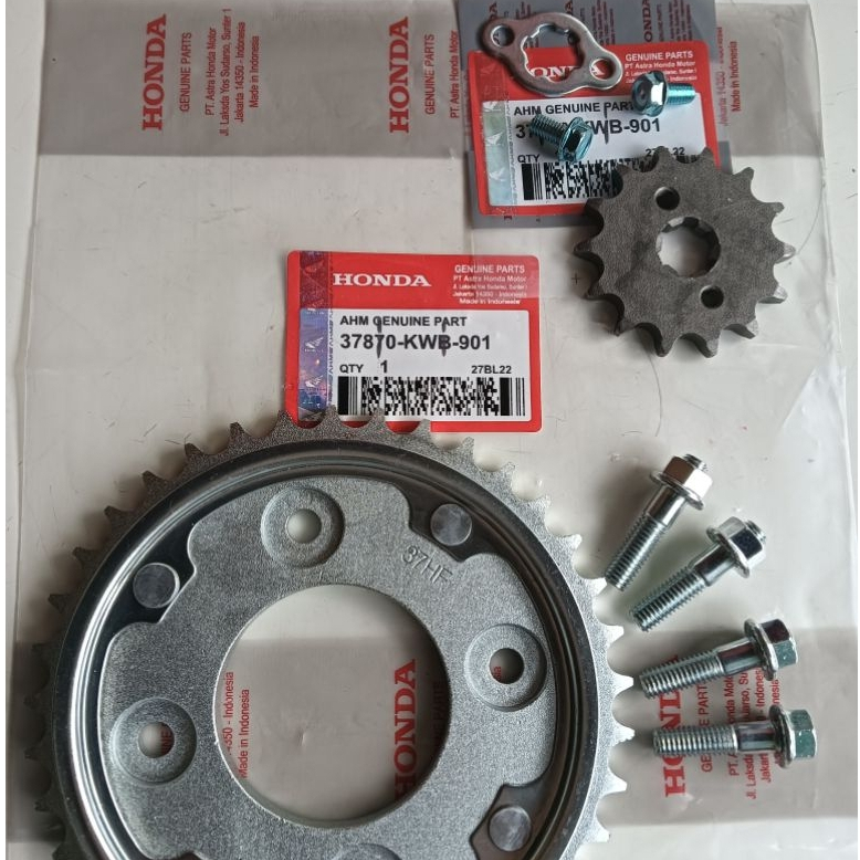 PAKET GEAR DEPAN BELAKANG 428/37T+ BAUT GEAR + KLEMAN,+ BAUT GEAR DEPAN HONDA REVO BLADE ORIGINAL