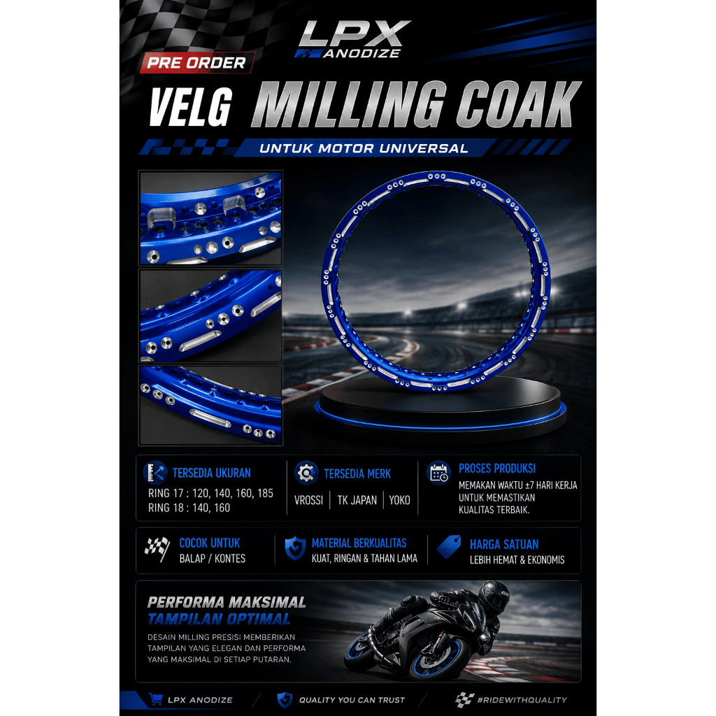 Velg Milling coak jinfei Yoko TK comet osaki ukuran 120/140/160/185 ring 17 dan 18 inch harga 1 pcs
