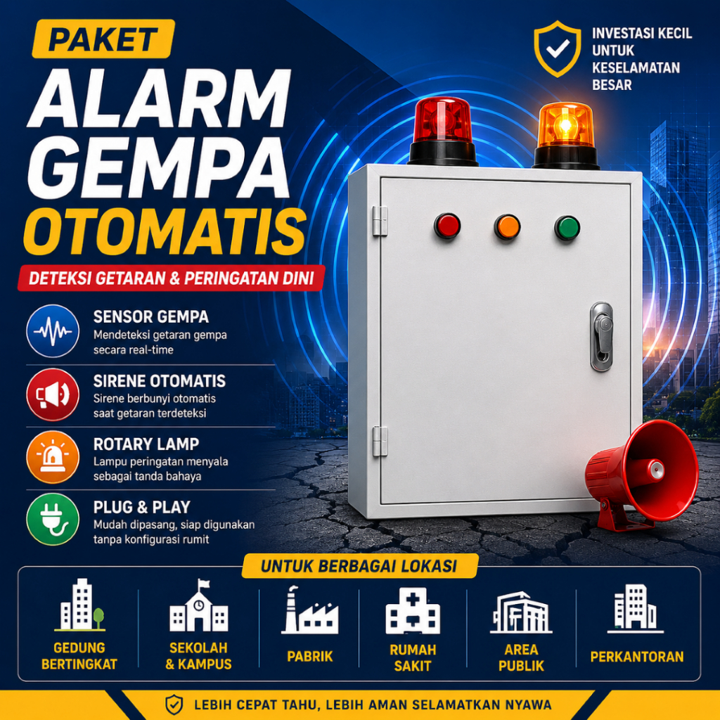 Paket Alarm Gempa Otomatis Sensor Getaran Sirene Rotary Lamp Earthquake Early Warning System