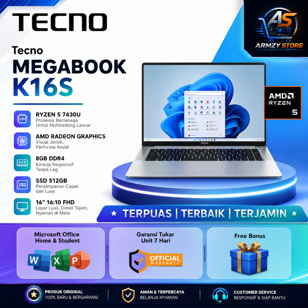 Laptop Tecno Megabook K16S AMD Ryzen 5 7430U 8GB 512GB 16" FHD Silver