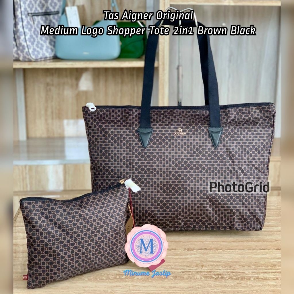 Tas Aigner Original Medium Sign Logo Shopper Tote 2in1 Brown Black