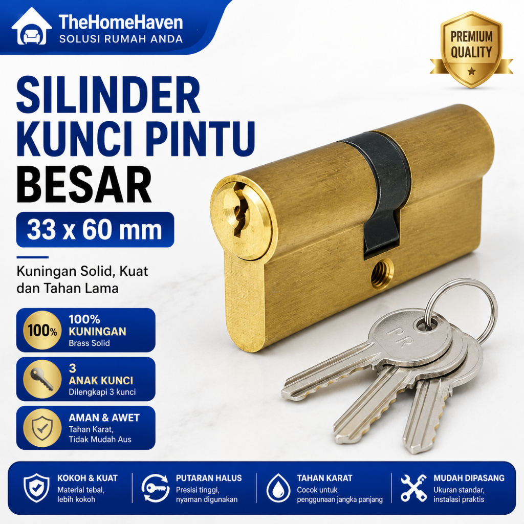 Silinder Kunci Pintu Besar 33x60mm Kuningan Solid | Cylinder Lock 3 Anak Kunci