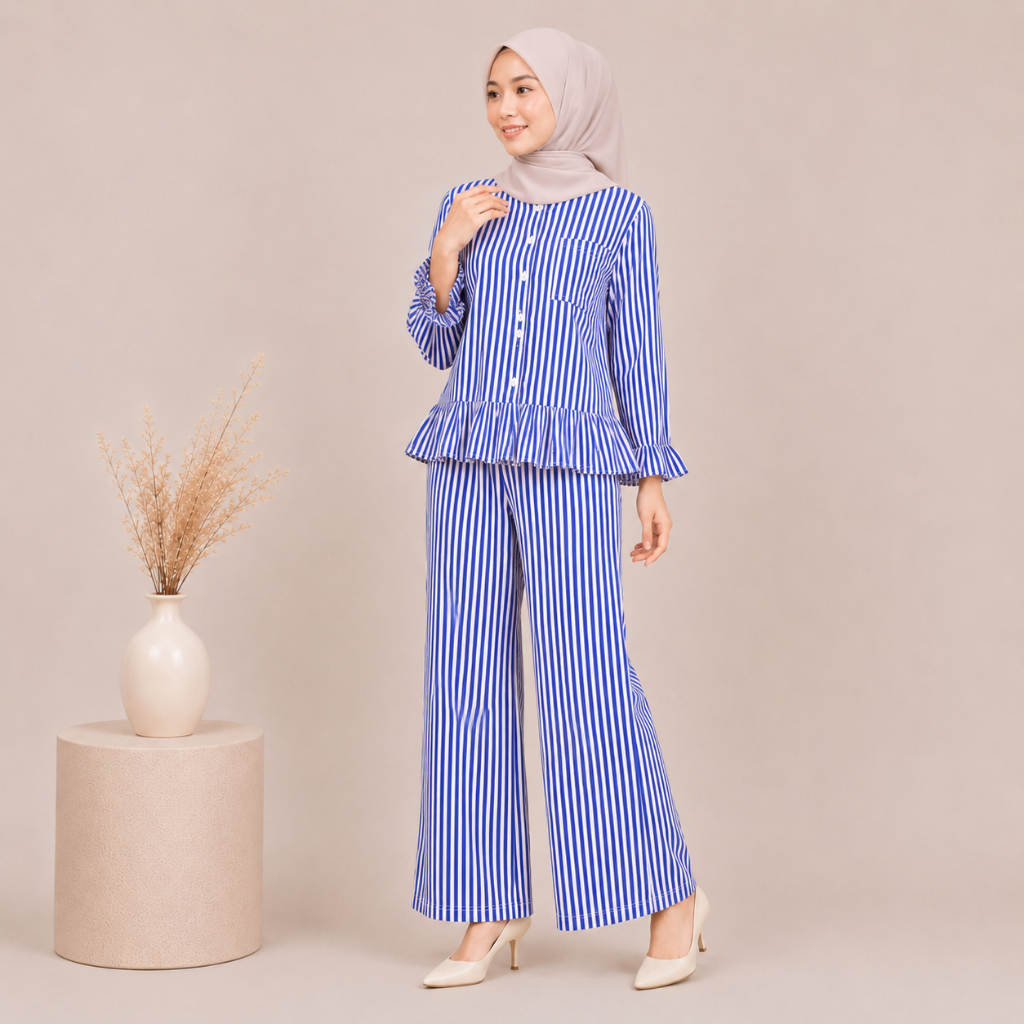 ADDISHA Set Rayon Setelan Baju Muslim Kekinian Piyama Baju Tidur - Kezara Biru Stripe