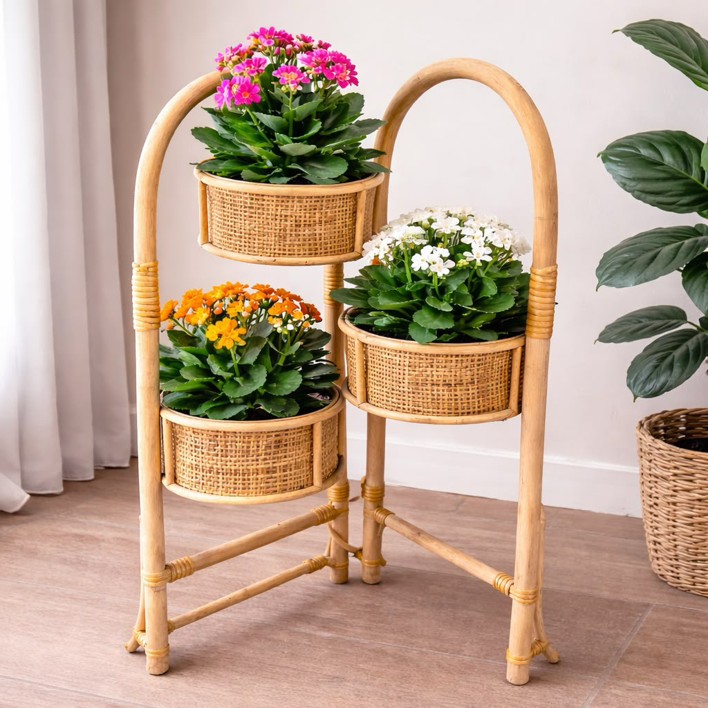 STANDING POT ROTAN ALAMI SUSUN 3 POT BUNGA ISI 3 NUANSA VINTAGE