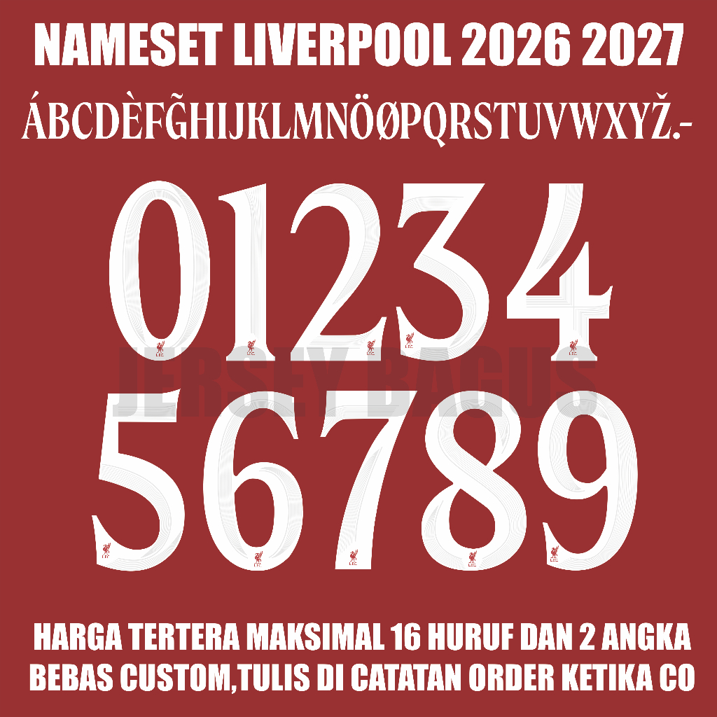 NAMESET LIVERPOOL 2026/2027 Printing (Harga Tertera Maksimal 16 Huruf dan 2 Angka)