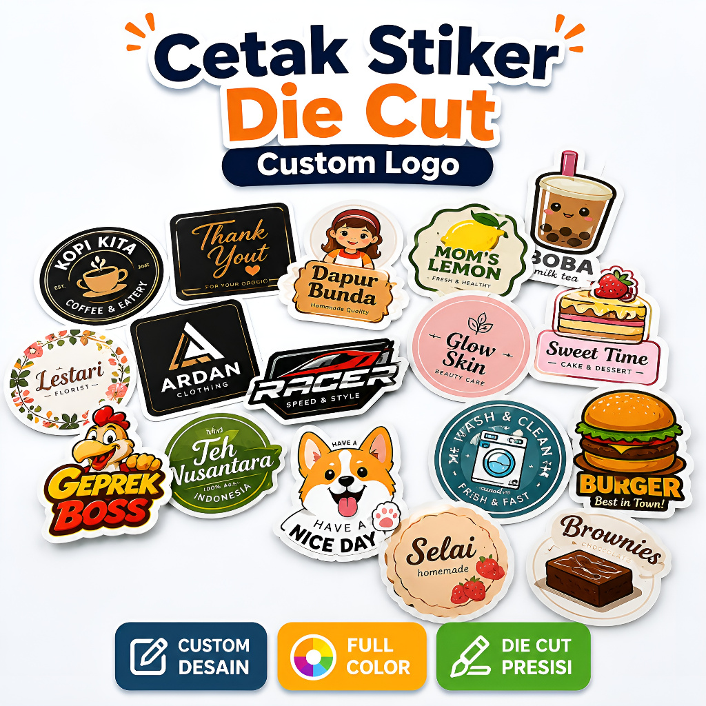 Cetak Stiker Die Cut Custom Logo Label Produk Branding UMKM Vinyl Glossy Doff Transparan