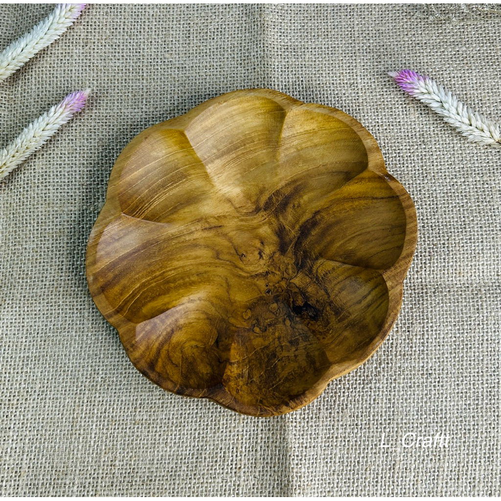 piring kayu/piring saji/piring motif bunga semanggi/piring kayu jati 17cm