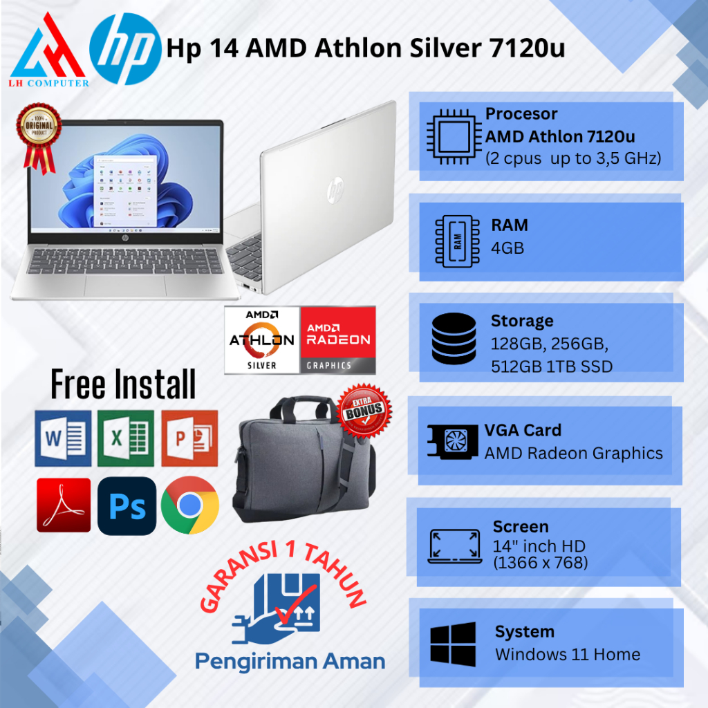 Laptop Baru Hp 14 AMD Athlon 7120u (2cpu) Up to 3,5Ghz SSD