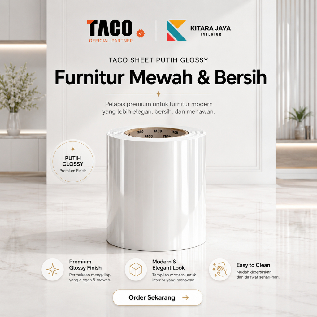 TACO Sheet TS P-002 GROLL Taco Sheet Putih Glossy PVC Sheet Furniture Interior - 1 Meter