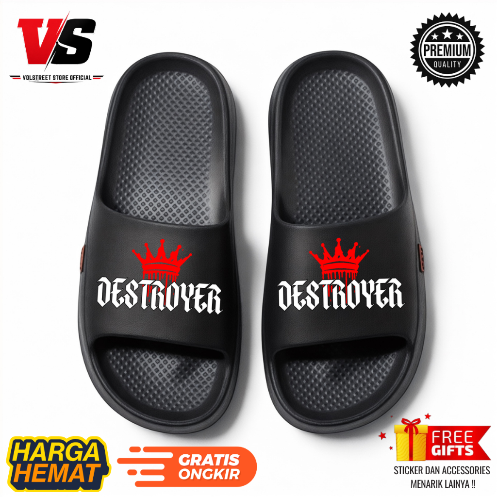 Volstore - Sandal Selop Pria Karet Pria DESTROYER Hitam Eva Phylon Sendal Slop Ringan Tahan Air Anti