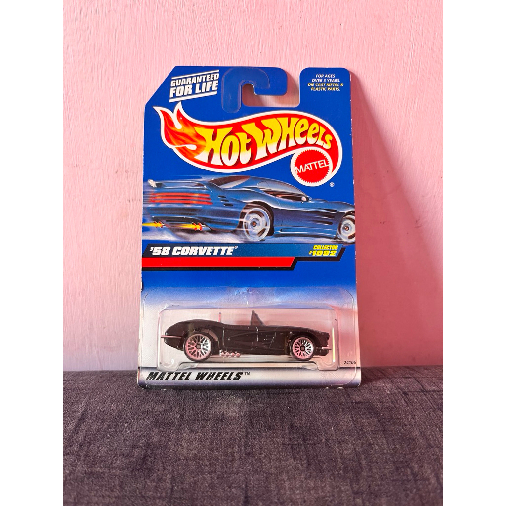 Hotwheels 58 Corvette black open kap mesin blue card vintage old (vhtf rare)