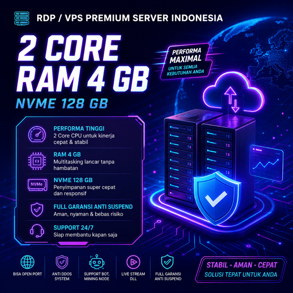 RDP / VPS Ram 4GB 2 Core GARANSI 1 BULAN