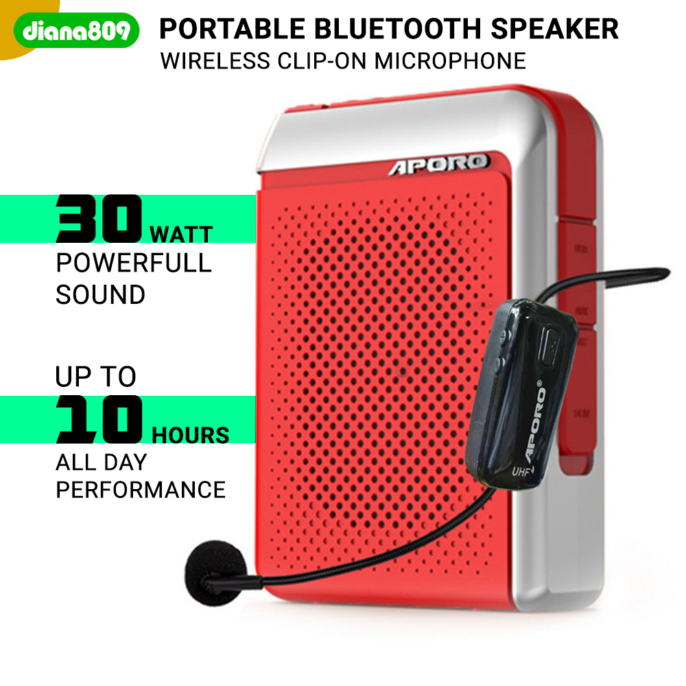 30 Watt Portable Bluetooth Speaker + Wireless Mic Clip-On/Headset - APORO T18