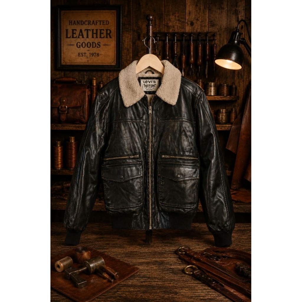 Pilot Jacket Vintage Leather Jaket Kulit pria hitam model bomber pilot