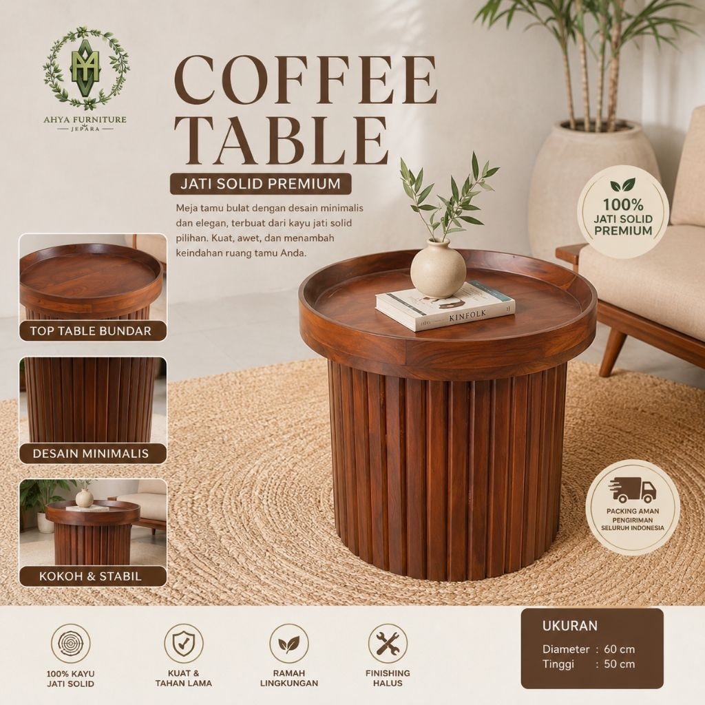 Coffee Table Jati Solid Premium | Meja Tamu Bulat Minimalis Modern Estetik Ruang Tamu