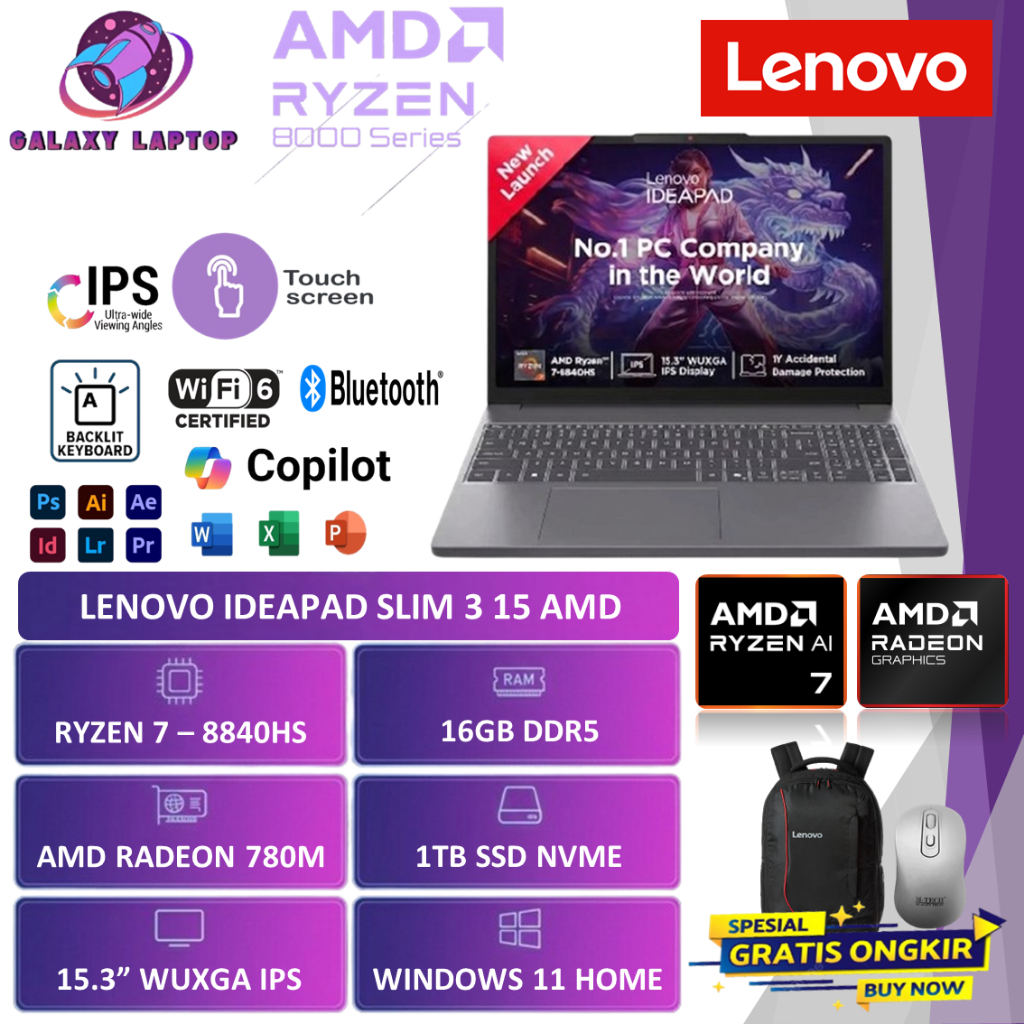 Lenovo Ideapad Slim 3 15 Touchscreen [Ryzen 7-8840HS 24GB-1TB SSD] WUXGA IPS Win11