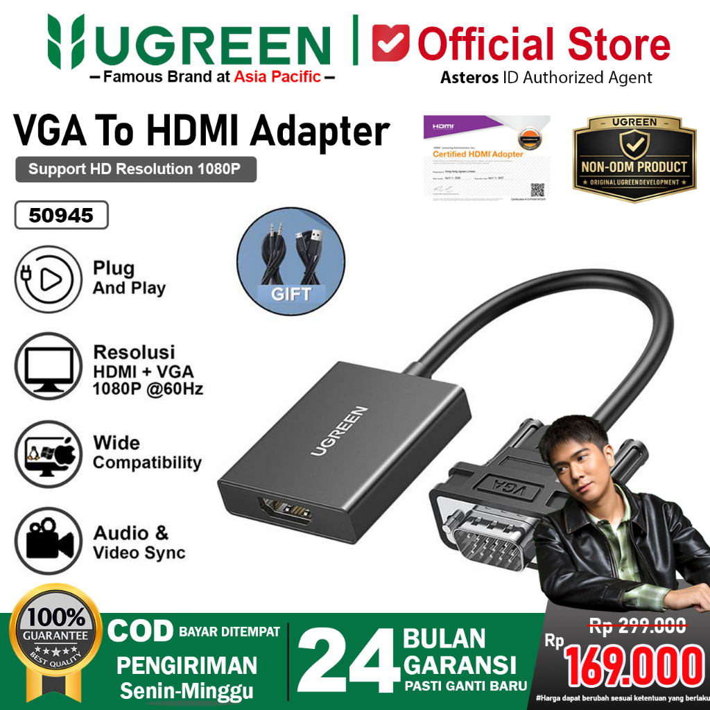 UGREEN Adapter Converter VGA Male To HDMI Female HD 1080p With Audio & Power Supply
