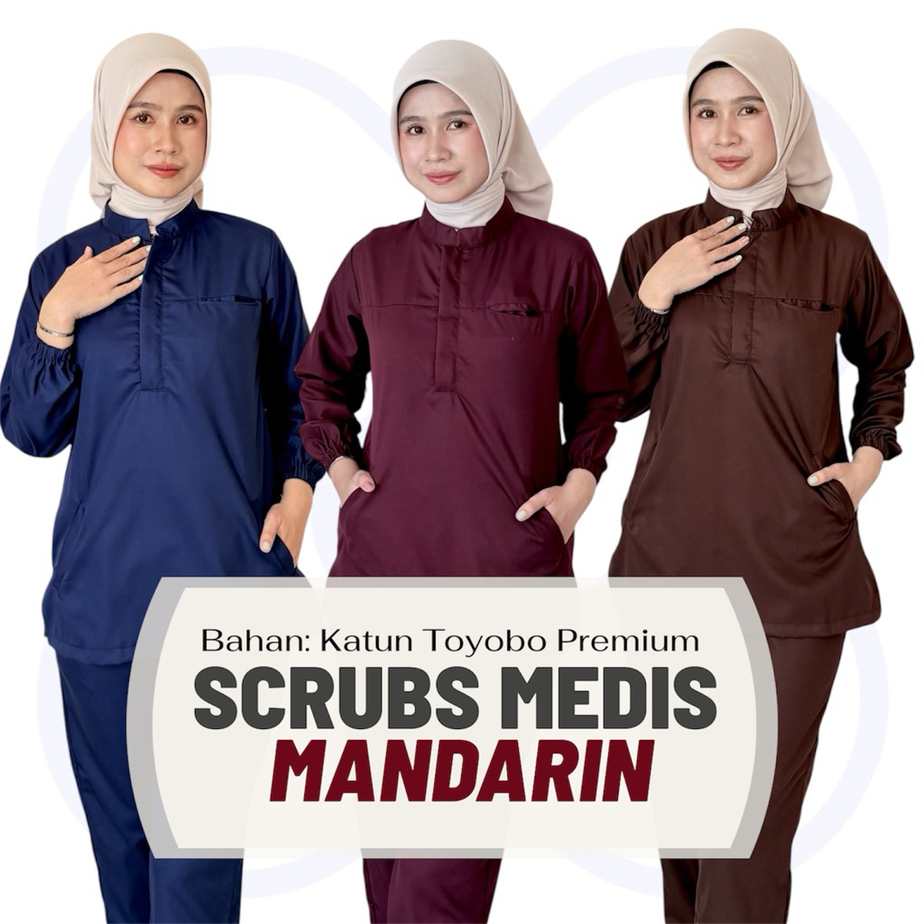 Baju OK Mandarin Resleting Set Lengan Panjang/ Baju jaga Hidden resleting/ Scrub Dokter/ Scrub Medis