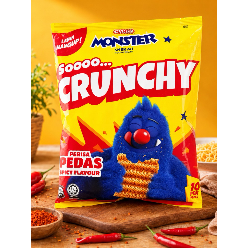 Snack Mamee monster crunchy malaysia rasa pedas spicy isi 10pcs @20gr