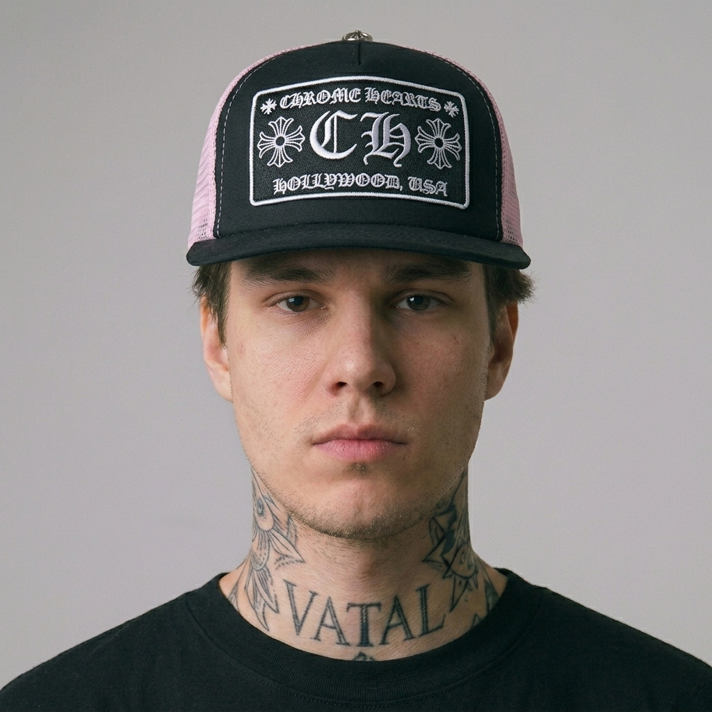 CHROME HEARTS B&W CH Embos 3D Hat - Topi Trucker Pria Premium  | Topi Jaring Nyaman Dipakai Bordir