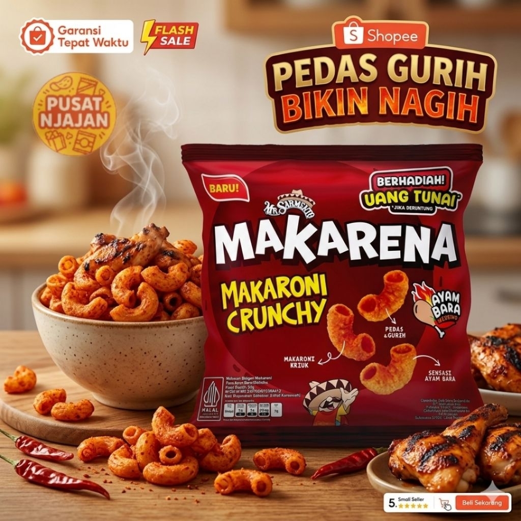 Mr. Sarmento MAKARENA Makaroni Cruncy - Korean Spicy BBQ. Pedas Gurih. Renceng 10 @20gr