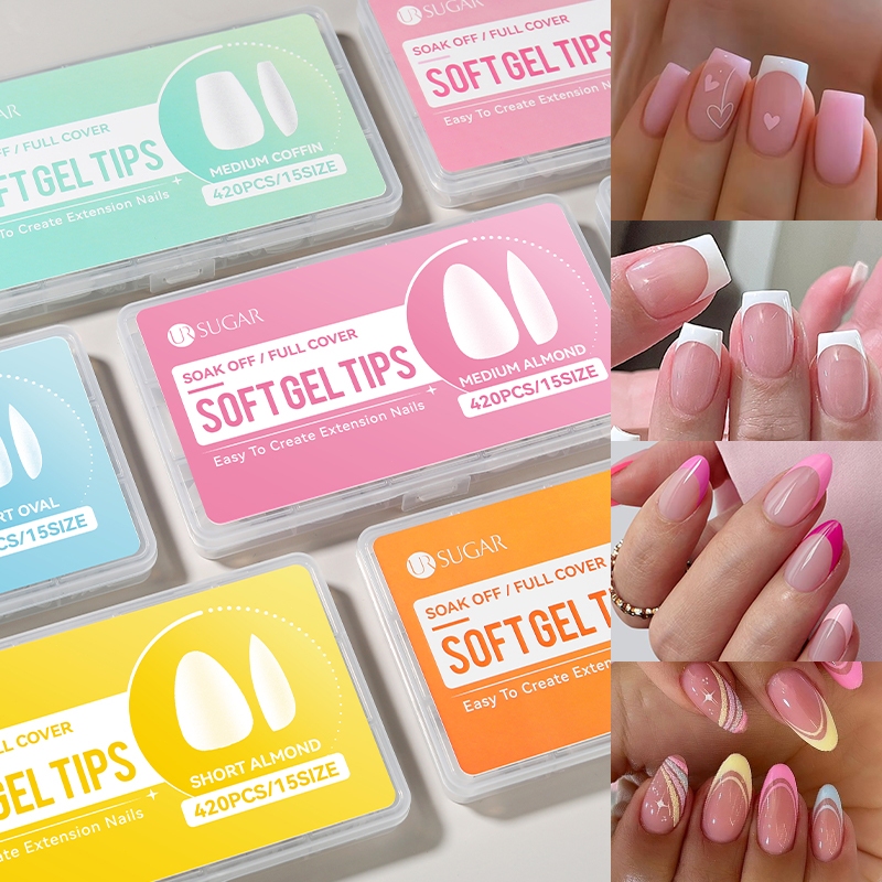UR SUGAR 420pcs kuku palsu nail art Full Cover box almond/oval/square cir/coffin Soft Gel Tips nail 
