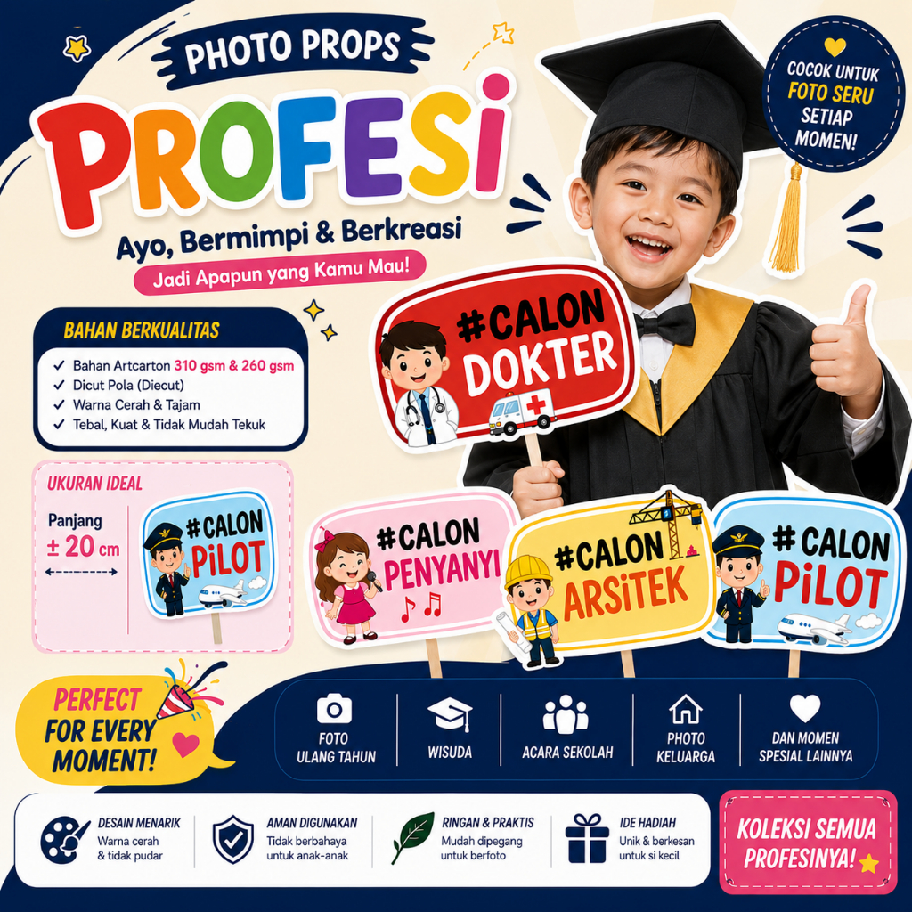 Photo Props Profesi Anak – Cocok untuk Wisuda TK, PAUD & Foto Kenangan Cetakan tidak mudah luntur