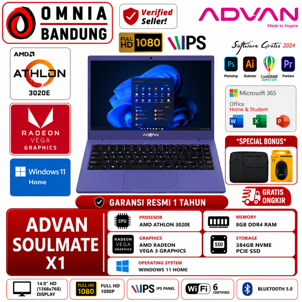 Advan Soulmate X1 AMD 3020E 8GB 384GB 14.0 Inch FHD IPS WIN11HOME Midnight Blue
