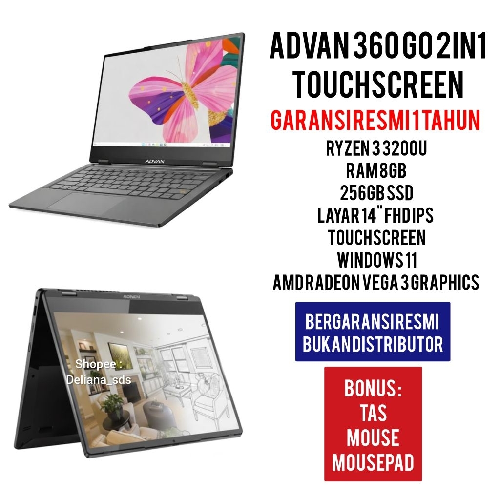 Laptop Advan 360 Go Touchscreen Ryzen 3 3200U 8GB/256GB 14" FHD IPS Garansi Resmi 1 Tahun Laptop Adv