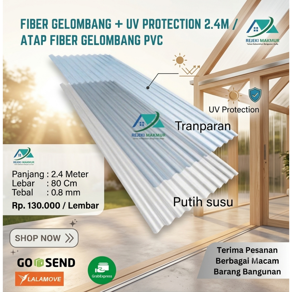 Fiber gelombang + UV protection 2.4mx80cmx0.8mm putih susu / Atap fiber bening transparan pvc