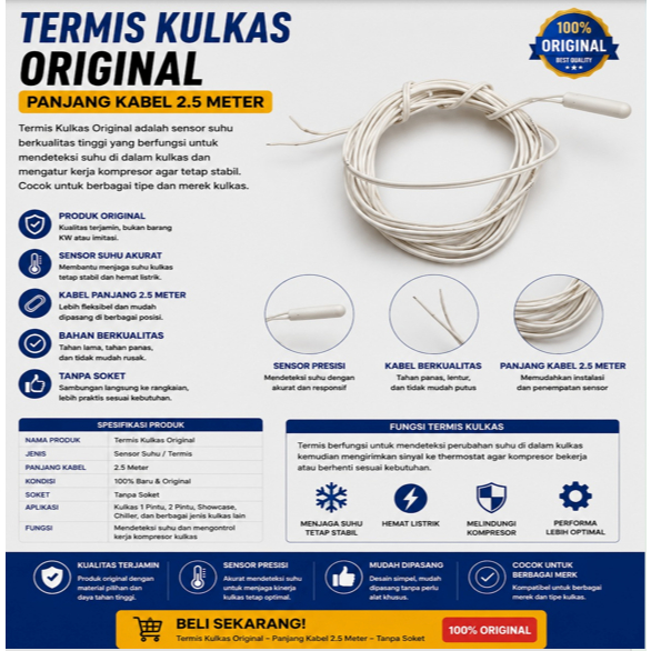 TERMIS KULKAS ORIGINAL PANJANG KABEL 2.5 METER TANPA SOKET