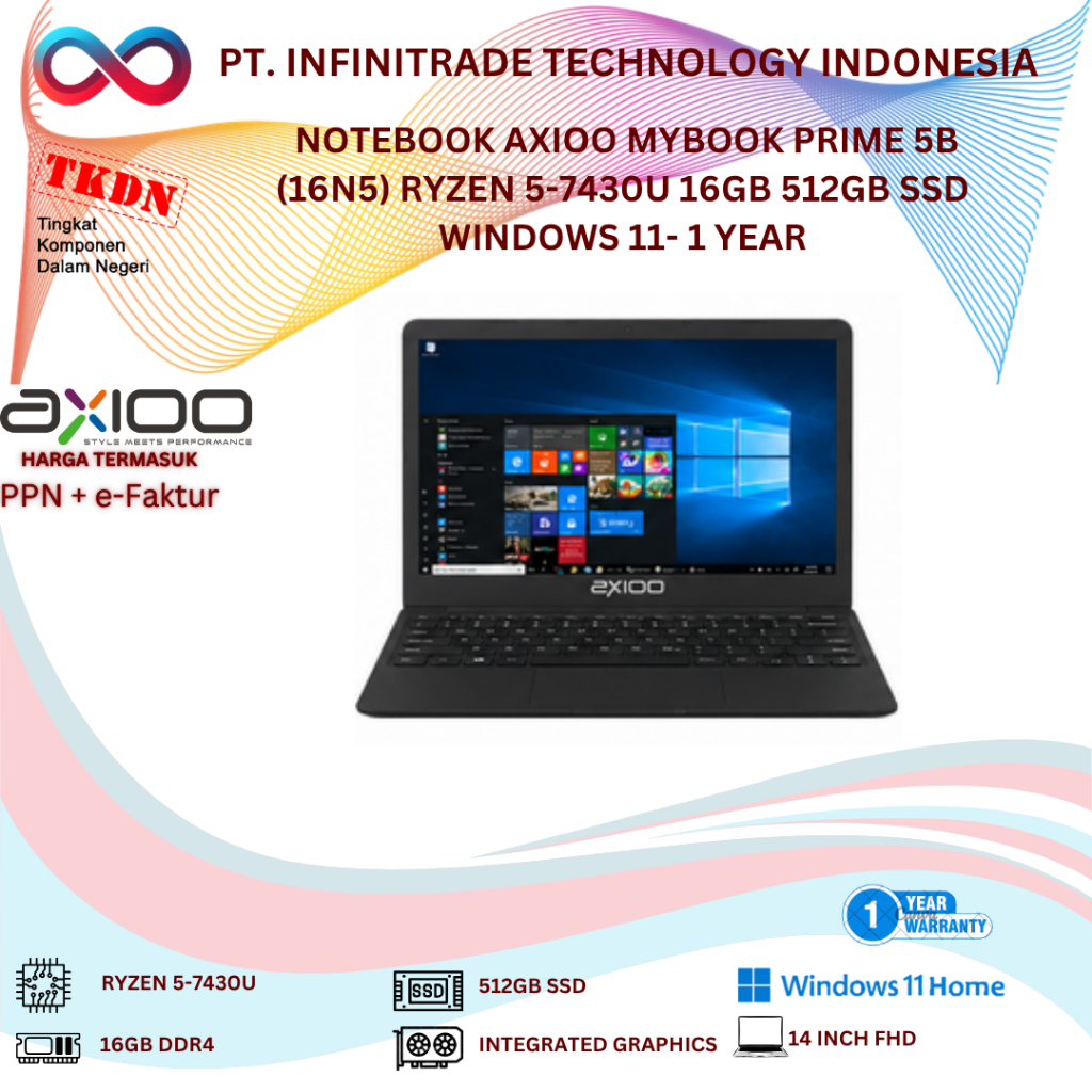 NOTEBOOK AXIOO MYBOOK PRIME 5B (16N5) RYZEN 5-7430U 16GB 512GB SSD WINDOWS 11- 1 YEAR