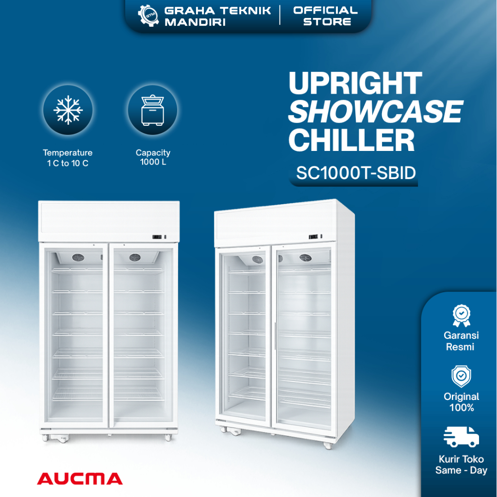 Upright Chiller Aucma SC1000T-SBID – Kulkas Showcase 1000 Liter, 2 Pintu Kaca, Pendingin Minuman & M