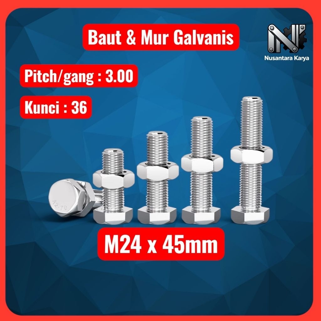Baut mur Hex putih / Baut Mur Galvanis M24 x 45mm